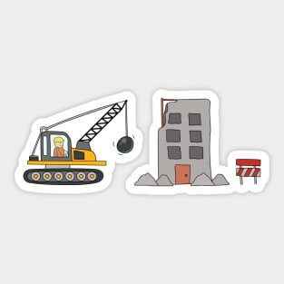 kids drawing construction site with demolition truck and wrecked building Sticker